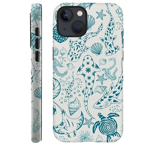 Case for iPhone 14,Fits Frosted Case Design for Girl Women,Sharks Turtles Shells Seaweed Green - Image 1