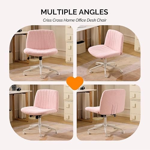 VINGLI Criss Cross Legged Chair,Wide Comfy Office Desk Chair,Dual-Use with/no Wheels Computer Task Chair,Swivel Armless Vanity Boucle Chair for Study,Make Up,Home Office,Teddy Fleece,Pink thumbnail 8
