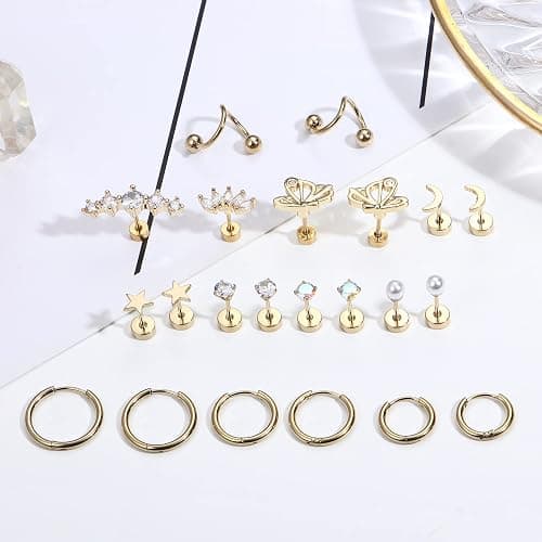 ZELORES 20G Cartilage Earrings Set For Women Men Stainless Steel Small Huggie Hoop Earring Flatback Star Moon Butterfly CZ Cartilage Stud Earrings Chain Dangle Cartilage Helix Tragus Piercing Jewelry thumbnail 5