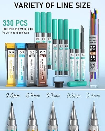 Nicpro Blocky Gear Metal Mechanical Pencil Set in Leather Case, 29PCS Art Drafting Pencils 0.3, 0.5, 0.7, 0.9&2mm Lead Pencil with 330PCS Lead (HB 2H 4H 2B 4B 6B Color) For Writing Sketching Drawing thumbnail 5