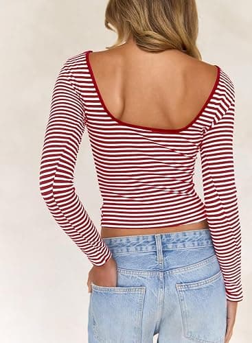 Falechay Long Sleeve Shirts for Women Backless Y2K Striped Sexy Crop Tops | Going Out Outfits, Boat Neck, Dressy Casual, Stretchy, Slim Fit T-Shirts, Butter Soft, Party, Vacation, Cute, Trendy 2026 thumbnail 5