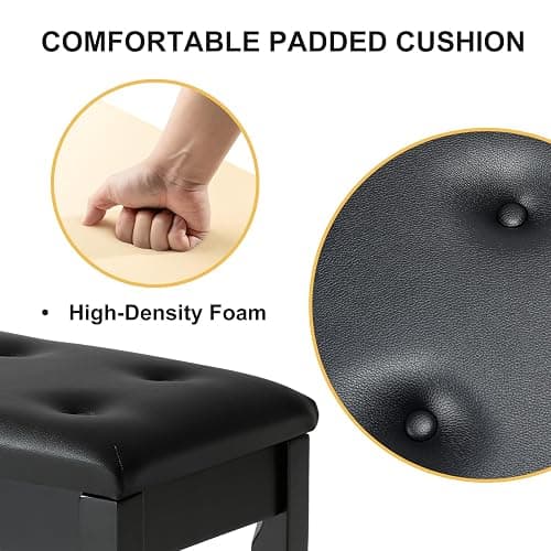 FILISITE Wooden Piano Bench with Storage, Piano Stool with Waterproof Padded Cushion, Bench Seat for Vanity, Living Room, Bedroom (Black) thumbnail 6