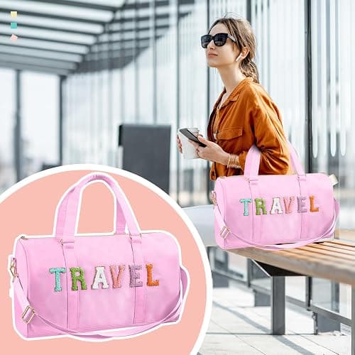 Shinylin 2 Pcs Preppy Chenille Letter Duffle Bag and Makeup Pouch, Travel Tote Bag Cosmetic Zipper Patch Makeup Bag (Pink) - Pink thumbnail 5