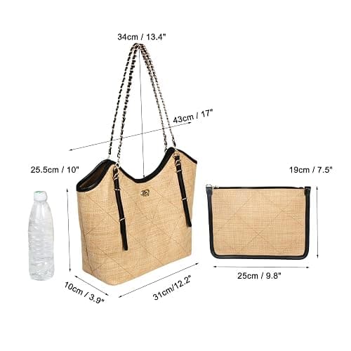 Eiyye Woven Tote Bag for Women Raffia-Style Shoulder Purse Summer Bag | Raffia-style woven look large tote matching pouch black trim thumbnail 4
