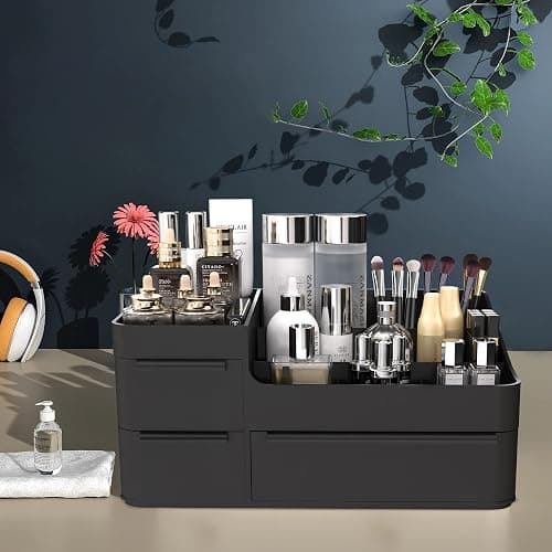 Makeup Organizer for Vanity, Bathroom Countertop Storage Display Boxes Case,Stackable Cosmetic Holder for Jewelry Hair Accessories Beauty Skincare Product Organizing with drawer organizer tray, Black thumbnail 7