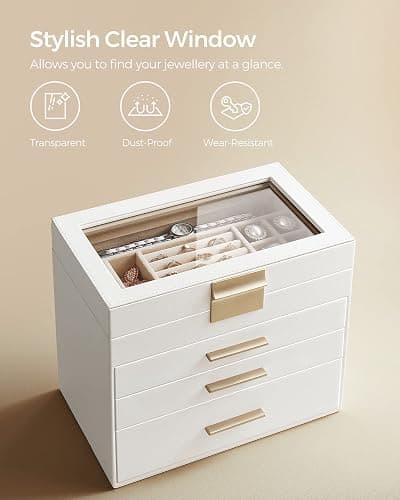 SONGMICS Jewellery Box with Glass Lid, 4-Layer Jewellery Storage Organiser with 3 Drawers, Plenty of Storage, Modern, Gift Idea, 15.3 x 25.1 x 21.5 cm, Cloud White and Gold Colour JBC161W01 thumbnail 6