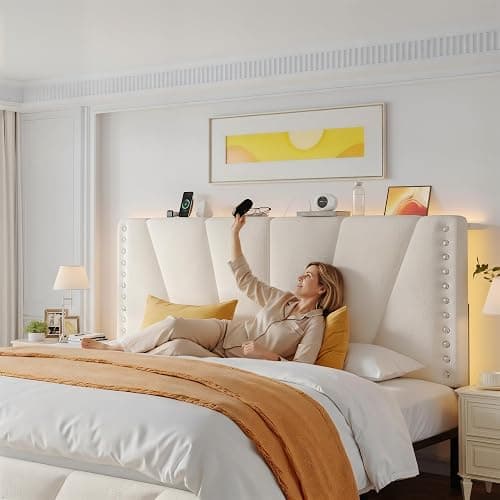 EnHomee Queen Bed Frame and Headboard, Velvet Upholstered Bed Frame Queen Size with Charging Station and LED Lights, Platform Bed Frame for Bedroom, Apartment, Dorm, Noise-Free, Easy Assembly, Beige thumbnail 3