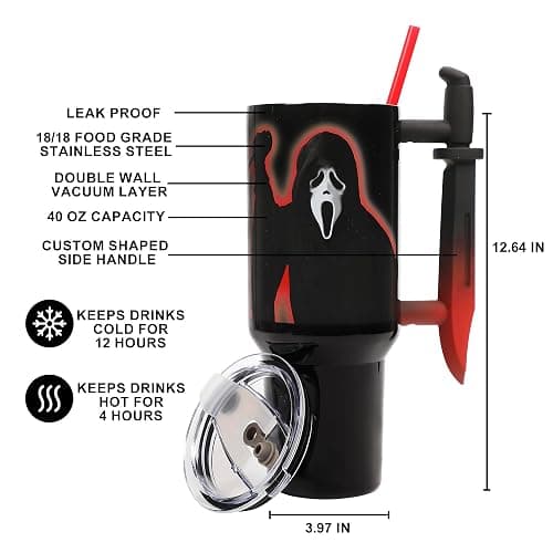 Bioworld Ghostface Text and Logo 40 Oz. Stainless Steel Tumbler With Dagger Handle thumbnail 2