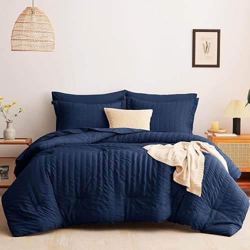 CozyLux King Size Comforter Set Navy Blue Seersucker 7 Pieces Bed in a Bag King Comforter Set with Sheets, Luxury Bedding Set with Down Alternative Comforter, Sheets, Pillowcases & Shams All Seasons thumbnail 8