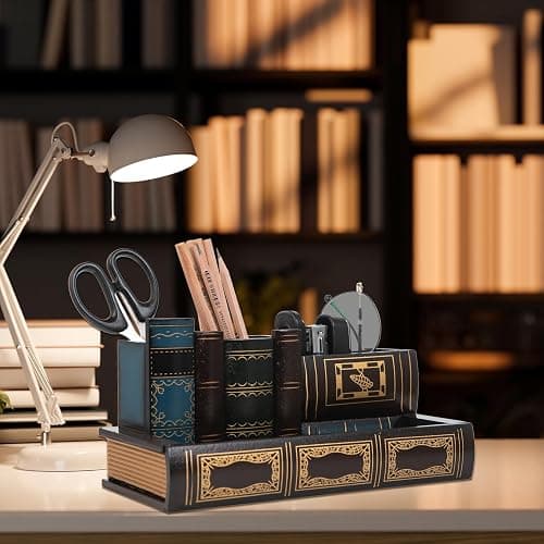 VERGOODR Decorative Pencil and Pen Holder with Storage Drawer, Wooden Desk Organizer Caddy, Antique Library Books Design Pen Cup for Office Supplies, Countertop, Desk,Table (Reddish brown) thumbnail 5