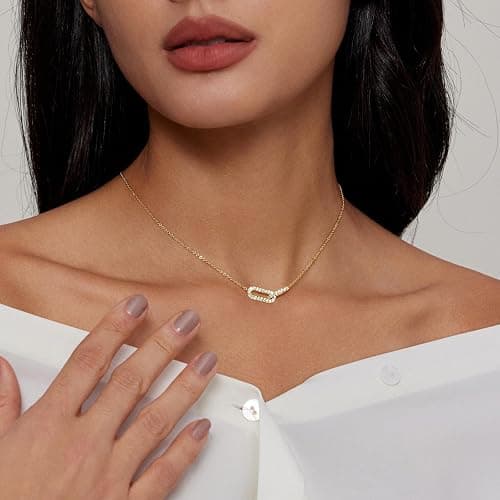 HERIER Diamond Pendant Necklace for Women, Dainty Gold Necklace 18k Gold Plated Paperclip Choker Necklaces Cute Open Oval Necklaces Simple Gold Necklace Jewelry Gifts for Women Trendy thumbnail 3