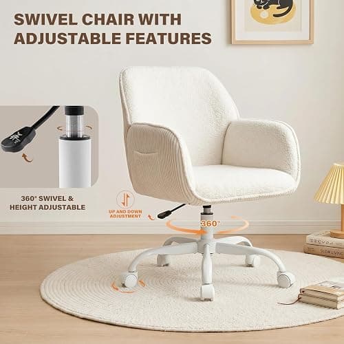 KRAMZMING Teddy Fleece & Corduroy Desk Chair, Swivel Office Chair White | Upholstered Vanity Chair with Side Pocket & Wheels, Height Adjustable Chair for Bedroom Makeup Study thumbnail 6