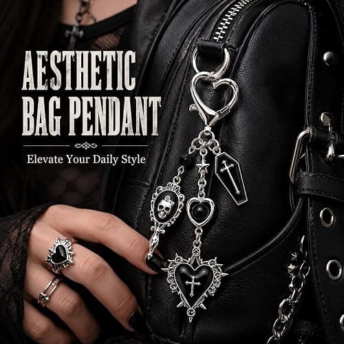 Nijianne Cute Y2K Bag Charms for Handbags Goth Keychain & Punk Emo Gothic Accessories with Skeleton, Cross Dice Horror Halloween Charm (Cross keychain) thumbnail 2