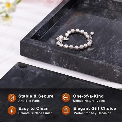 Homaura Marble Bathroom Tray for Countertop & Home Decor, Natural Decorative Marble Tray for Jewelry & Perfume Organizer, Luxury Stone Vanity Trays for Dresser, Kitchen Counter, 12" x 8", Gray Black thumbnail 3
