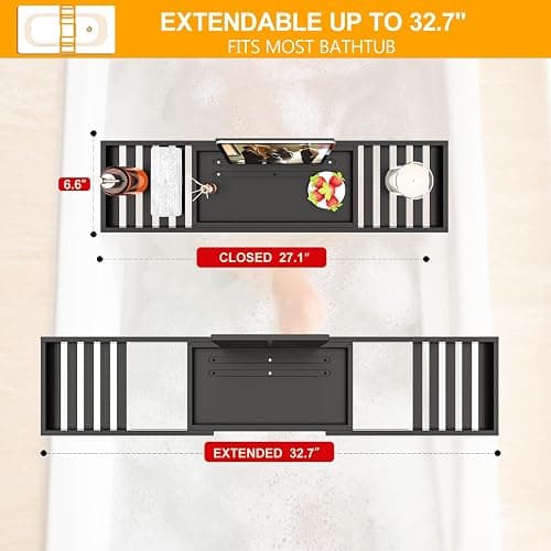 Bathtub Tray Black - Bath Tray Expandable - Bath Table Trays for Bathtub/Tub,Premium Bamboo Wooden, Fits Most Bath Tubs thumbnail 3