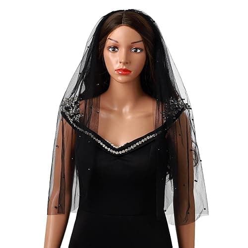 Acenail Black Veil Brides Wedding Long Pearl Mourning Funeral Lace Bridal Halloween Veil - Pearl thumbnail 3