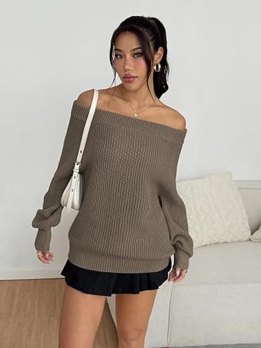 ZAFUL Sweaters for Women Off Shoulder Knit Sweater with Long Sleeve Loose Pullover Jumper Tops thumbnail 4