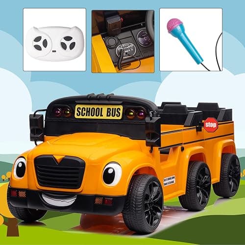 POSTACK 24V Kids Ride on School Bus, 2 Seater Ride on Car with Remote Control, Battery Powered Cars for Kids Boys Girls, Electric Ride on Toy with Microphone, Music, Yellow thumbnail 2
