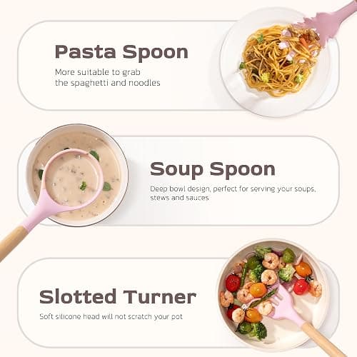 Astercook Kitchen Utensils set, 39 PCS Silicone Cooking Utensils Set with Wooden Handle, 446°F Heat Resistant Food Grade Utensil Sets, BPA Free Kitchen Gadgets Tools Set for Nonstick Cookware (Pink) thumbnail 6