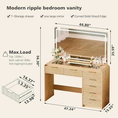 GRUTEUNIT 47“Makeup Vanity Desk with 44.8" Mirror and Lights, Vanity Desk with 7 Drawers, Makeup Vanity Table with a Glass Tabletop, 3 Color Modes & Adjustable Brightness Dressing Table, Bedroom,Oak thumbnail 2