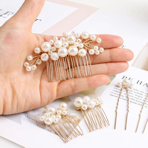 Sppry Pearl Hair Combs and Hair Pins for Bridal Women, Decorative Hair Accessories for Wedding Prom, Set of 5 (Gold) thumbnail 3