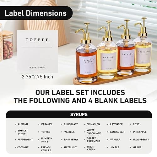 Coffee Syrup Dispenser for Coffee Bar, Coffee Syrup Pump Dispenser, Glass Syrup Bottle with Gold Upgraded Pump, 4 Pack 16.9 oz 500 ml Syrup Dispensers, 28 Labels and Large Bamboo Tray thumbnail 6