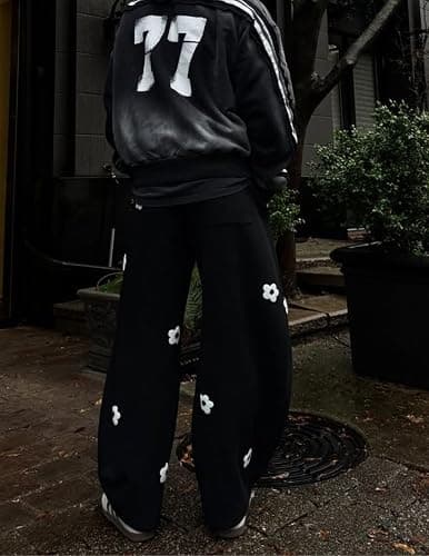 Aelfric Eden Baggy Wide Leg Sweatpants Flower Embroidery Casual Y2K Elastic Drawstring Lantern Barrel Lounge Trouser Pants thumbnail 6