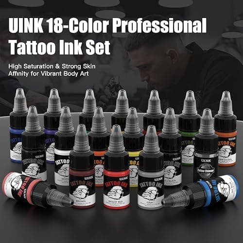 UINK 18 Colors Tattoo Ink Set - (0.65oz/20ml) Vibrant Body Art Pigment Kit | 18 Vibrant Colors, Smooth Ink Flow, Fast Coloring, Premium Formula, For Lining & Shading thumbnail 2