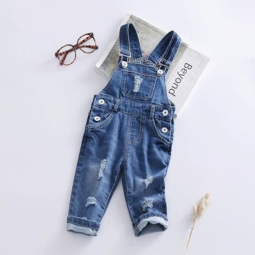 KIDSCOOL SPACE Baby Boy Girl Jean Overalls,Toddler Ripped Denim Cute Workwear thumbnail 3
