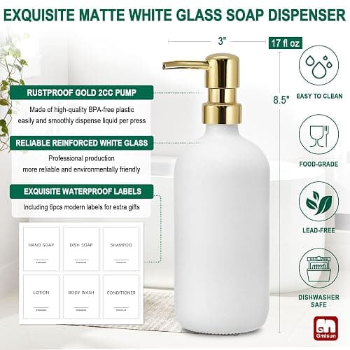 GMISUN White Soap Dispenser, 2 Pack Glass Hand Soap Dispensers Bathroom with Gold Pump, 17 Fl Oz Dish Soap Dispenser Set for Kitchen, Refillable Modern Liquid Soap and Lotion Dispensers Bottle thumbnail 4