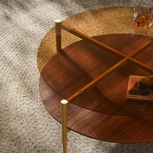 Saint Mossi Glass Round Coffee Table for Living Room, Middle-Century Modern Style, Coffee Brown Glass Top & Walnut Brown MDF Wood Top, with Gold Finish Legs & Frame thumbnail 3
