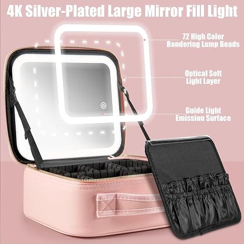 Extrei Gent Makeup Travel Train Case with Mirror LED Light 3 Adjustable Brightness Large Cosmetic Bag Portable Storage Adjustable Partition Waterproof Makeup Brushes Make up Jewelry Gift for Women thumbnail 5