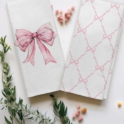 Kemingni Coquette Pink Bow Kitchen Towels Set of 2, Preppy Pink Ribbon Pattern Hand Towels for Bathroom, Girly Coquette Bathroom Decor, Bow Aesthetic Dish Tea Towels for Kitchen, 16x24 inches - Color 01 thumbnail 2