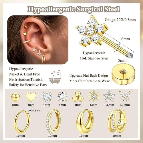 Jstyle Hypoallergenic 14K Gold Plated Stud Hoop Earrings for Women Men Surgical Stainless Steel Flat Back Earrings Small Huggie Hoops Cartilage Earring Set for Multiple Piercing Jewelry Gift for Women thumbnail 6