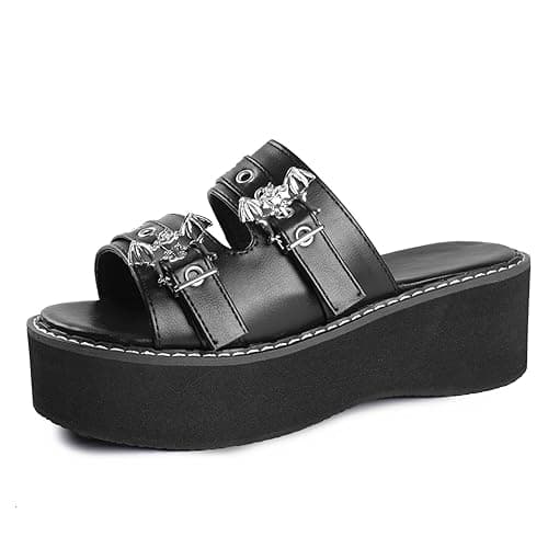 Gothniero women black platform sandals goth chunky wedge heel summer sandals girls gothic punk platform sandals for women metallic spider buckles slides size 5.5-11 - Image 1