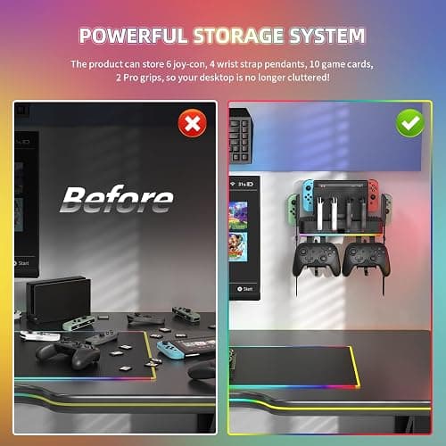 RGB Switch Wall Mount for Joy-Con Charger, Switch Holder for Nintendo Switch / OLED with Switch Organizer, Switch Accessories with 15 Light Mode, 4 Controller Charger, 2 USB Port, 10 Card Slot thumbnail 6