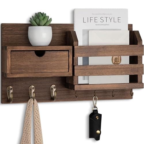 Lwenki Wall Mount Key Holder with Mail Organizer, 100% Paulownia Wood, 7 Metal Hooks, Storage Drawer, Entryway Home Decor (Brown) - Image 1