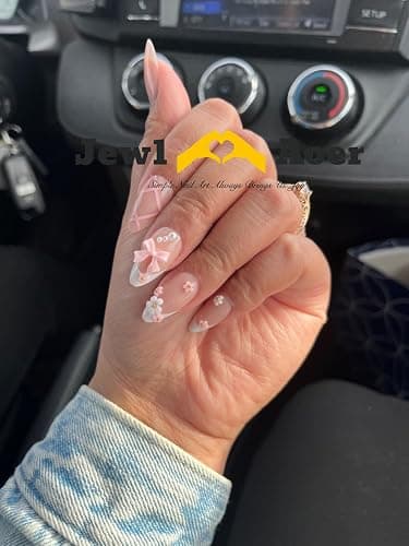 Jewl Aoer Press on Nails Short Almond Pink Artificial Fake Nails 3D Bow Tie Flower Stick On Nail with French Tip Acrylic Reusable Press Ons False Nails Kit for Women Girls-24pcs thumbnail 3
