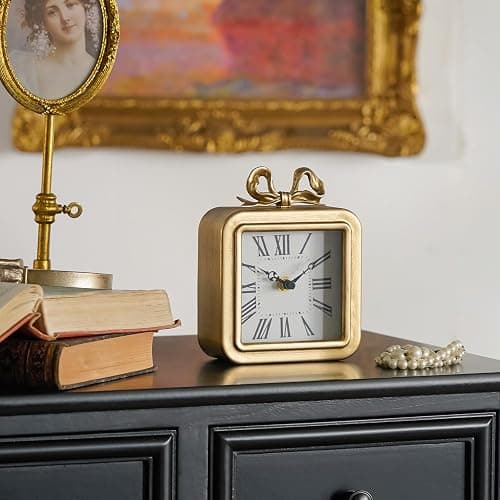 NIKKY HOME Gold Table Clocks, Table Clock Decor with Bow Metal Desk Clock Vintage Desk Clocks Silent Non-Ticking Battery Operated Decorative Shelf Clock for Living Room Bedroom thumbnail 4