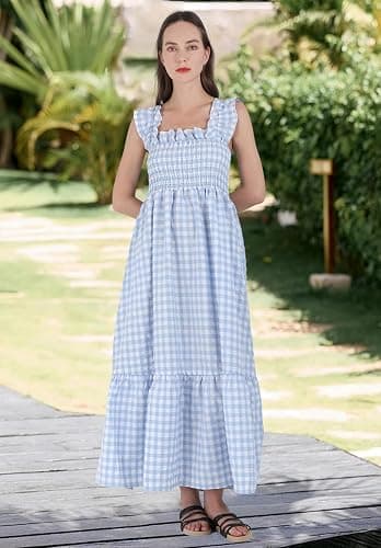chouyatou Women's Retro Plaid Smocked Dress Spaghetti Strap Flounce Long Dress thumbnail 3