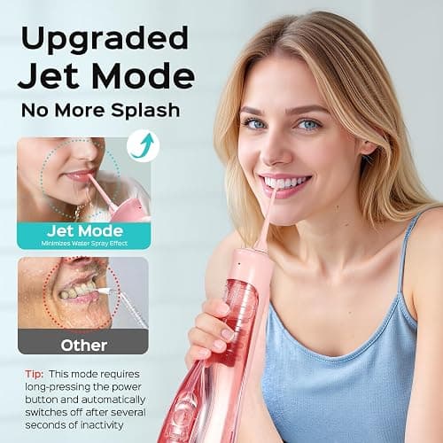COSLUS Portable Water Flosser for Teeth: 4 Modes & 5 Intensity Levels Professional Electric Dental Pick for Sensitive Gums, Braces & Orthodontic - Cordless for Travel Use, for Adults, BPA-Free, Pink thumbnail 5