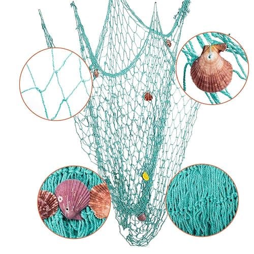 Rosoz Nature Fish Net Wall Decoration with Shells, Ocean Themed Wall Hangings Fishing Net Party Decor for Pirate Party,Wedding,Photographing Decoration (Aqua) thumbnail 2