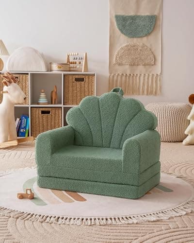 Blissful Diary Kids Couch, 2-in-1 Soft Toddler Couch Fold Out, Toddler Chair Comfy, Convertible Sofa to Lounger, Kids Furniture for Playroom, Gift for Birthday, Children's Day, Green Shell thumbnail 8
