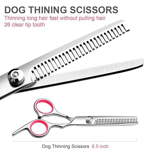 FAIGEO Dog Grooming Scissors with Safety Round Tips Stainless Steel Professional Dog Grooming Kit - Thinning, Curved Scissors and Comb for Cat Pet (Pink 4 in 1) thumbnail 4