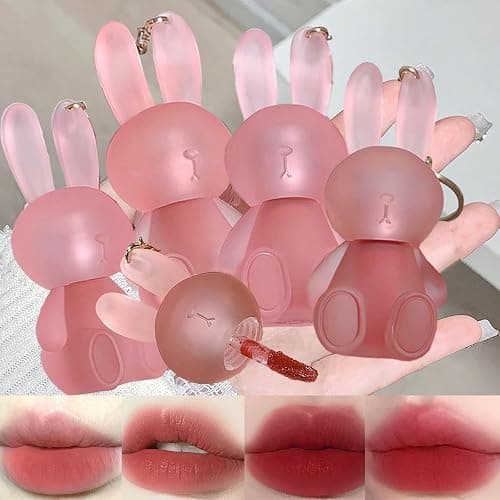 LuckNest 4 Colors Velvet Matte Liquid Lipstick set, Cute Rabbit Lip Glaze 2 in 1 Key Chain Lip Gloss Lip Stain, Waterproof Non-Stick Cup Long Lasting Lip Clay Cute Lip Makeup for Girls - Image 1