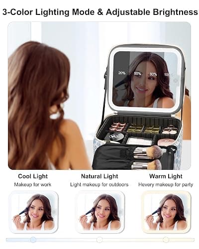 Relavel Travel Makeup Bag with LED Mirror, Portable Cosmetic Train Case with 3 Color Lighted Brightness Mirror, Makeup Artist Organizer Storage with Adjustable Dividers Make Up Box - Blue Flower thumbnail 4