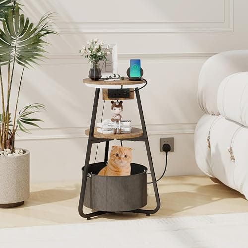 ARTETHYS Side Table with Charging Station, Small Round Coffee Table with 3 Colour LED Lights and Storage Basket, End Table with 3 Tier Shelves, Bedside Sofa Side Tables for Living Room Bedroom thumbnail 9