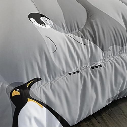 XYNHML Cartoon Penguin Comforter 3Pcs Queen Antarctic Wild Animal Bedding Set for Kid Teen Girl Boy Adult Grey White Black Cute Penguins Wild Safari Quilt Bed Decor with 1 Comforter and 2 Pillowcases thumbnail 6