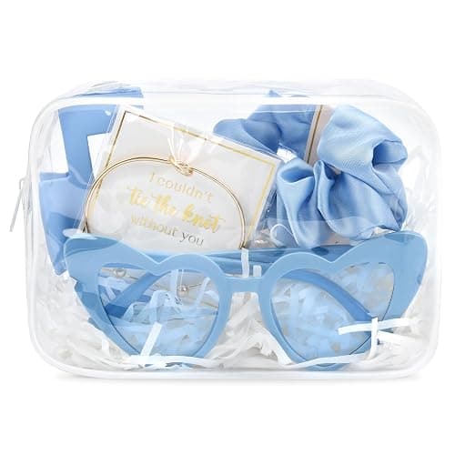 DEEKA 5 Pcs Bridesmaid Proposal Bag Set Gift Clear Makeup Toiletry Bag Bachelorette Party Favors Sunglasses Hair Claw Clips Scrunchies Knot Bracelets Bridal Wedding Party Gifts (Blue) - Image 1