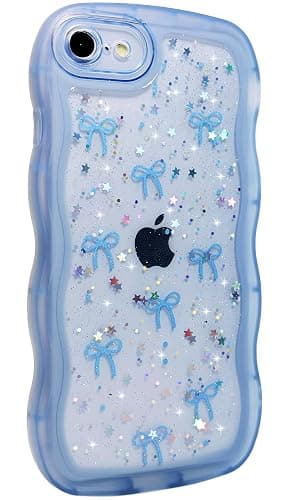 Qokey for iPhone SE(2020/2022) & 8/7 Case - Glitter Star & Curved Edge Handle Grip Design, Military-Grade Shockproof Clear TPU Cover, Sparkle Protection + Scratch-Resistant, Holographic Blue Bow thumbnail 3